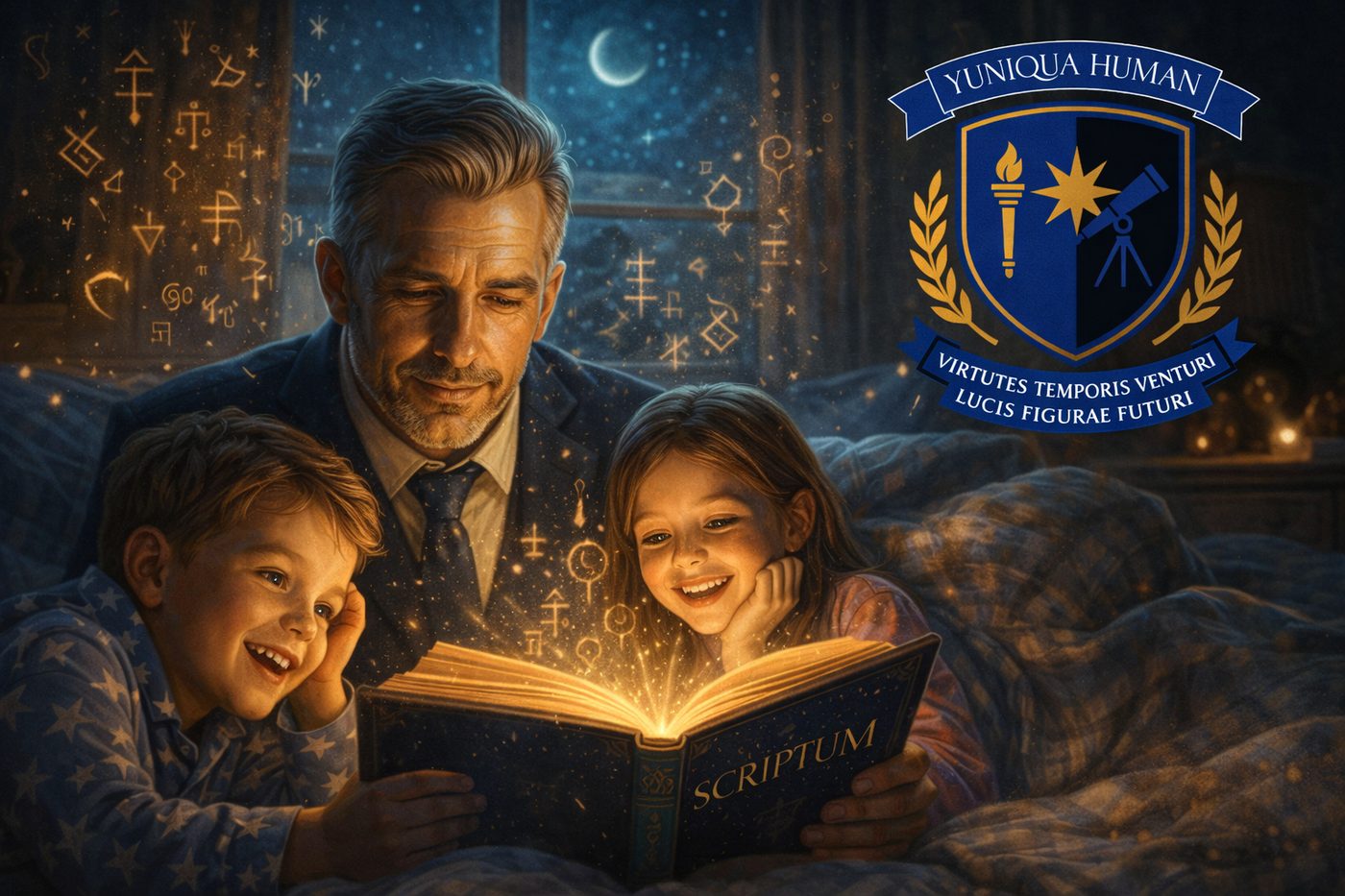 Scriptum liest seinen Kindern abends aus einer Chronicle vor