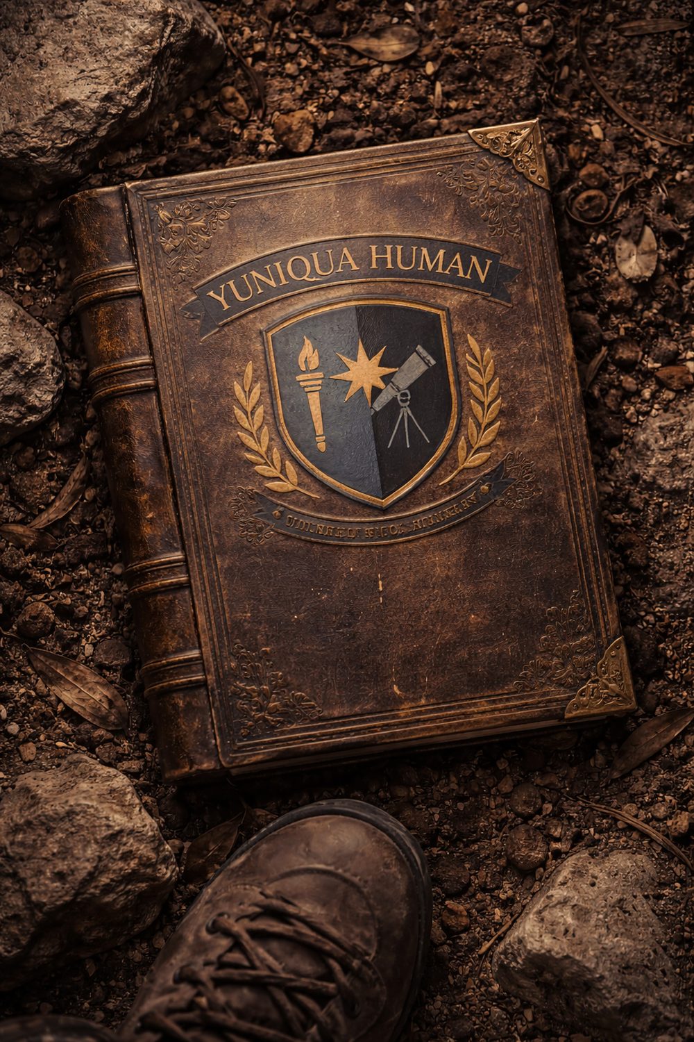 Ein altes, in Leder gebundenes Yuniqua-Human-Buch, gefunden unterwegs