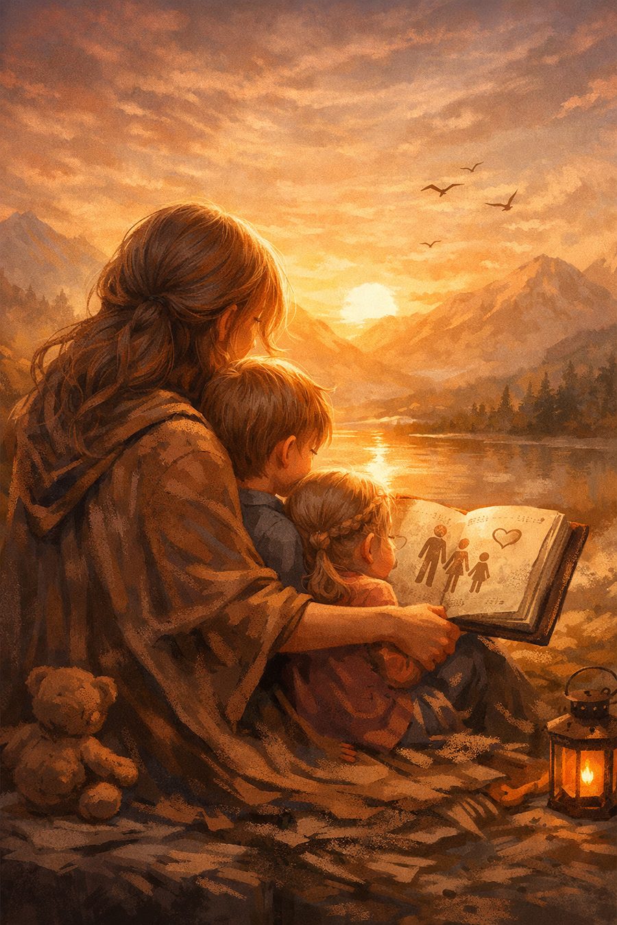 Eine Mutter liest mit ihren Kindern in einer Chronicle